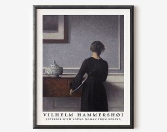 Vilhelm Hammershøi portrait wall art print of Interior Young Woman from Behind exhibition poster Hammershøi print muted colors moody decor