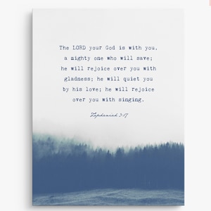 Custom Bible Verse Wall Art Print The Lord Your God Zephaniah 3:17 Custom Bible Canvas Quote indigo blue misty forest