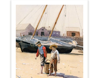 Child Beach Painting art print Winslow Homer coastal decor Bay house decor boys with basket of clams Beach house bedroom decor kids