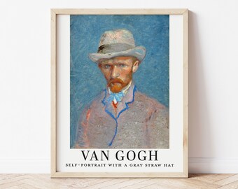 Van Gogh Self Portrait Wall Art Print, with a Gray Straw Hat, painting exhibition poster