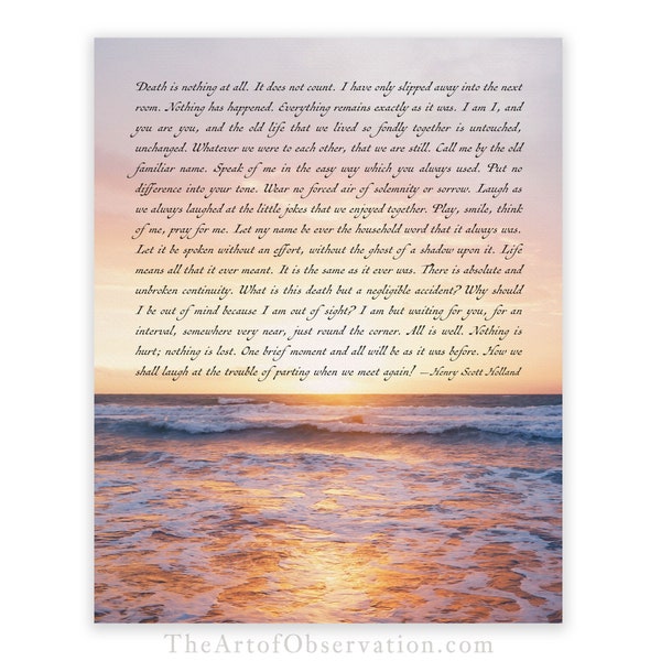 Death is nothing at all quote wall art print Loss of loved one sympathy gift Quote about Heaven bereavement gift ocean wall art quote print