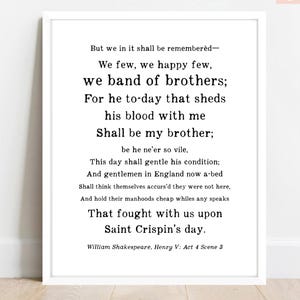 Band of brothers St Crispin&#39;s Day Quote Framed Print gift for him Henry V Shakespeare quote canvas military decor for guy We happy few