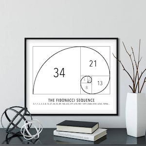 Fibonacci Spiral Art Poster, Math Wall Art Print, Teacher Gift Ideas, golden ratio, unframed Charcoal black font