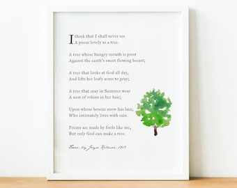 Trees Poem Wall Art Print Joyce Kilmer poetry I think that I shall never see a poem lovely as a tree Gift for mom Nature decor unframed