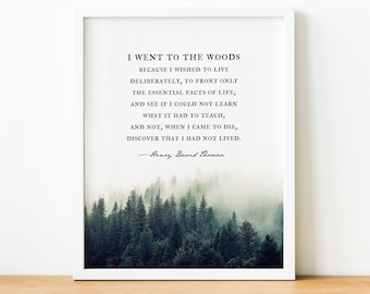 Henry David Thoreau quote wall art print framed or canvas Walden quote print I went to the woods because I wished to, Foggy forest pine tree