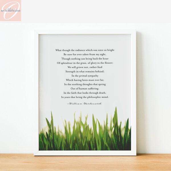 Splendour in the Grass Wall Art Poetry Print William Wordsworth poem quote childhood memories poetry gift for brother Spring green decor