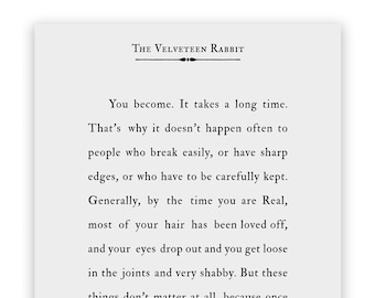 Velveteen Rabbit Quote Print Book Page Wall Art, You Become, Literary Gift