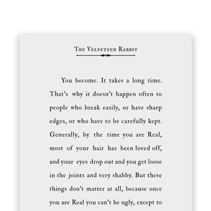 Velveteen Rabbit Quote Print Book Page Wall Art, You Become, Literary Gift Cinzento