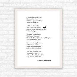Bird Poem Print Emily Dickinson Poem Wall Art Print Bird quote print nature poetry minimalist white and black A Bird came down the walk