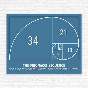 Fibonacci Spiral Art Poster, Math Wall Art Print, Teacher Gift Ideas, golden ratio, unframed Blue Jay background