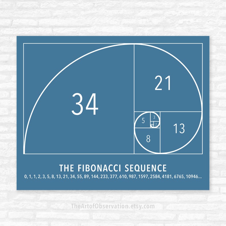 Fibonacci Spiral Art Poster, Math Wall Art Print, Teacher Gift Ideas, golden ratio, unframed Blue Jay background