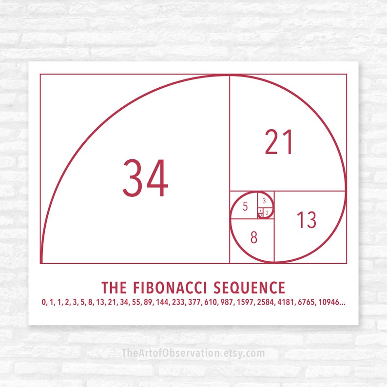 Fibonacci Spiral Art Poster, Math Wall Art Print, Teacher Gift Ideas, golden ratio, unframed Berry font