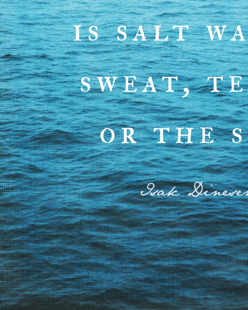 May include: A blue and white inspirational quote on a blue textured background. The quote reads "Is salt water sweat, tears, or the sea?" with the signature "Iak Dinever" below.