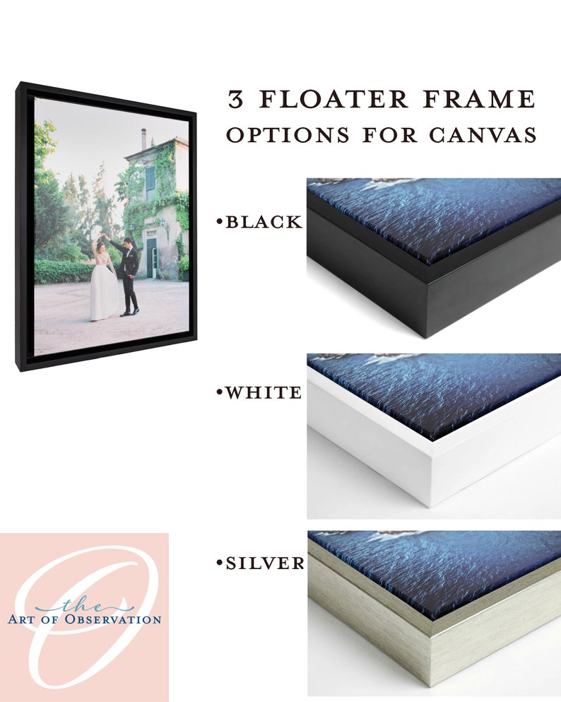 Add a frame to any Canvas print Framed Gifts custom Ready to Hang Wood Frames in black, white, or painted silver Add on framing upgrade image 2