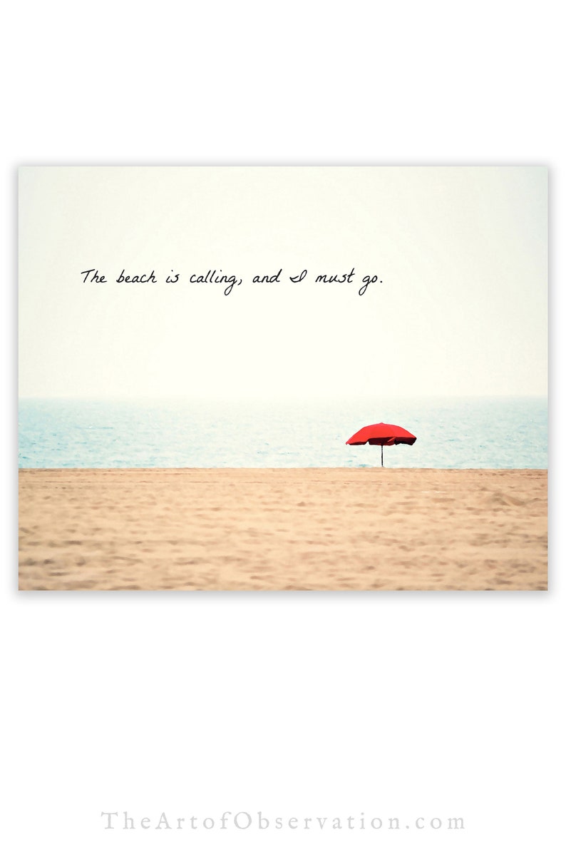 Beach Quote Wall Art Print canvas ocean decor, the beach is calling and I must go, beachy gifts for her Red Umbrella art inspirational quote image 3