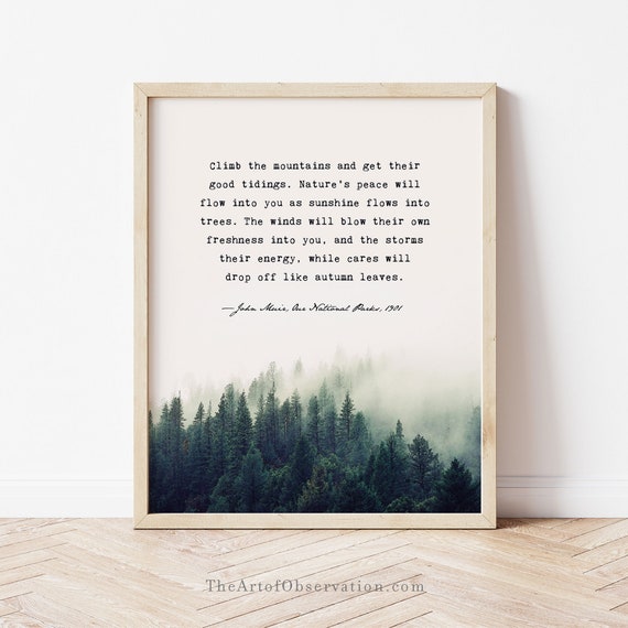 John Muir Quote Print, Foggy Forest Art, Nature Lover Gift, Climb the mountains