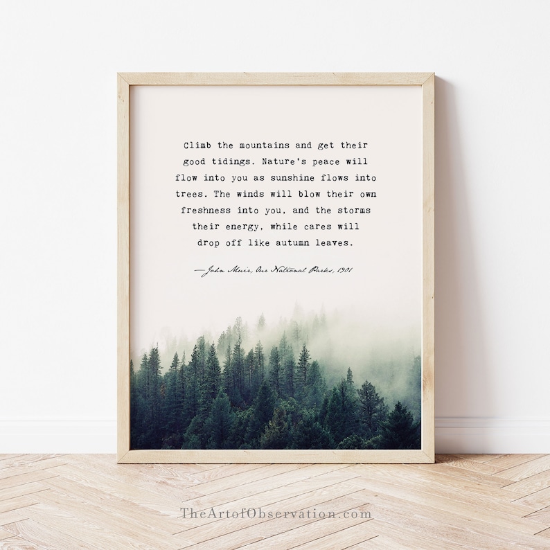 John Muir Quote Wall Art Print, dark green foggy forest picture, Climb the mountains quotation wall art print