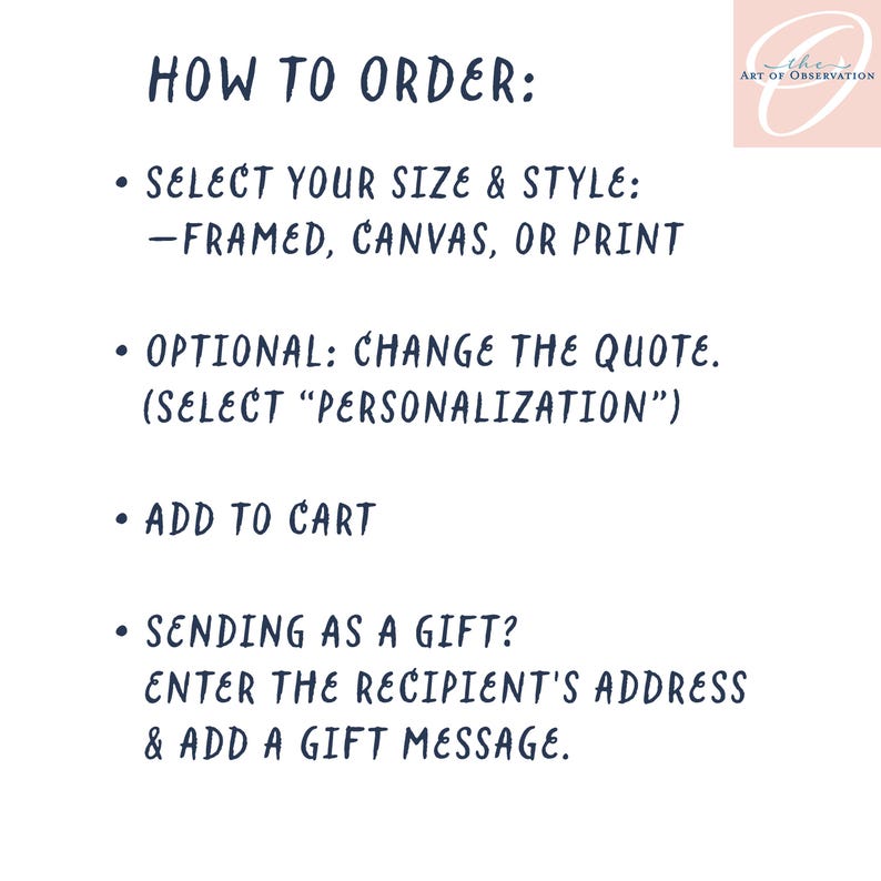 Op de afbeelding: Een witte informatieve afbeelding met donkerblauwe tekst getiteld HOW TO ORDER. Het bevat de stappen: SELECT YOUR SIZE & STYLE: FRAMED, CANVAS, OR PRINT; OPTIONAL: CHANGE THE QUOTE; ADD TO CART; SENDING AS A GIFT? ENTER THE RECIPIENT'S ADDRESS.