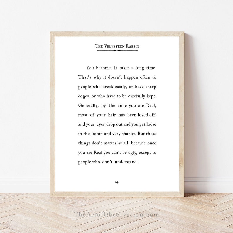Velveteen Rabbit Quote Print Margery Williams Book Page Wall Art, You Become Literary Print Inspirational Love Quote Baby Decor Nursery art