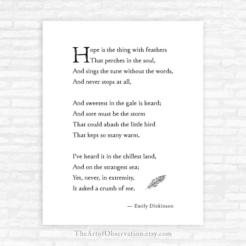 Emily Dickinson Gedicht Print Hoop is het ding met veren Etsy