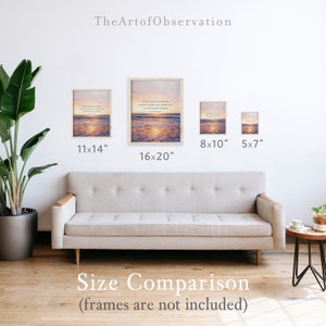 May include: Size comparison of four framed prints with a sunset ocean scene. The prints are 11x14 inches, 16x20 inches, 8x10 inches, and 5x7 inches. The text on the prints reads "In the midst of winter, I found there was within me, an invincible summer."