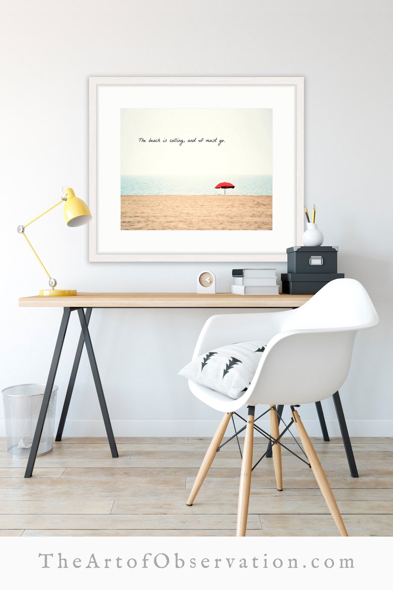 Beach Quote Wall Art Print canvas ocean decor, the beach is calling and I must go, beachy gifts for her Red Umbrella art inspirational quote image 6