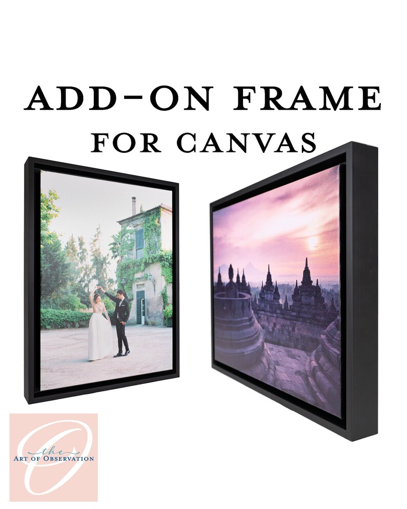 Add a frame to any Canvas print Framed Gifts custom Ready to Hang Wood Frames in black, white, or painted silver Add on framing upgrade