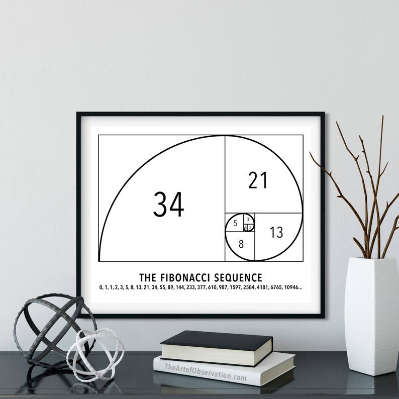 Fibonacci Spiral Art Poster, Math Wall Art Print, Teacher Gift Ideas, golden ratio, unframed Charcoal black font