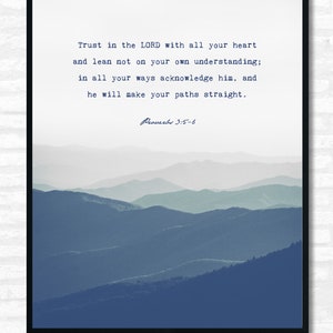 Personalized Indigo Blue Mountains wall art print Custom Quote Bible Verse decor Personalized gift for him Proverbs 3:5-6 Trust in the Lord image 6