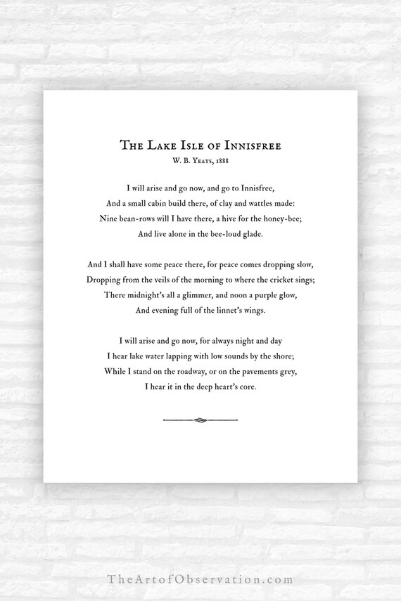 W B Yeats Lake Isle Of Innisfree Poem Wall Art Print Etsy