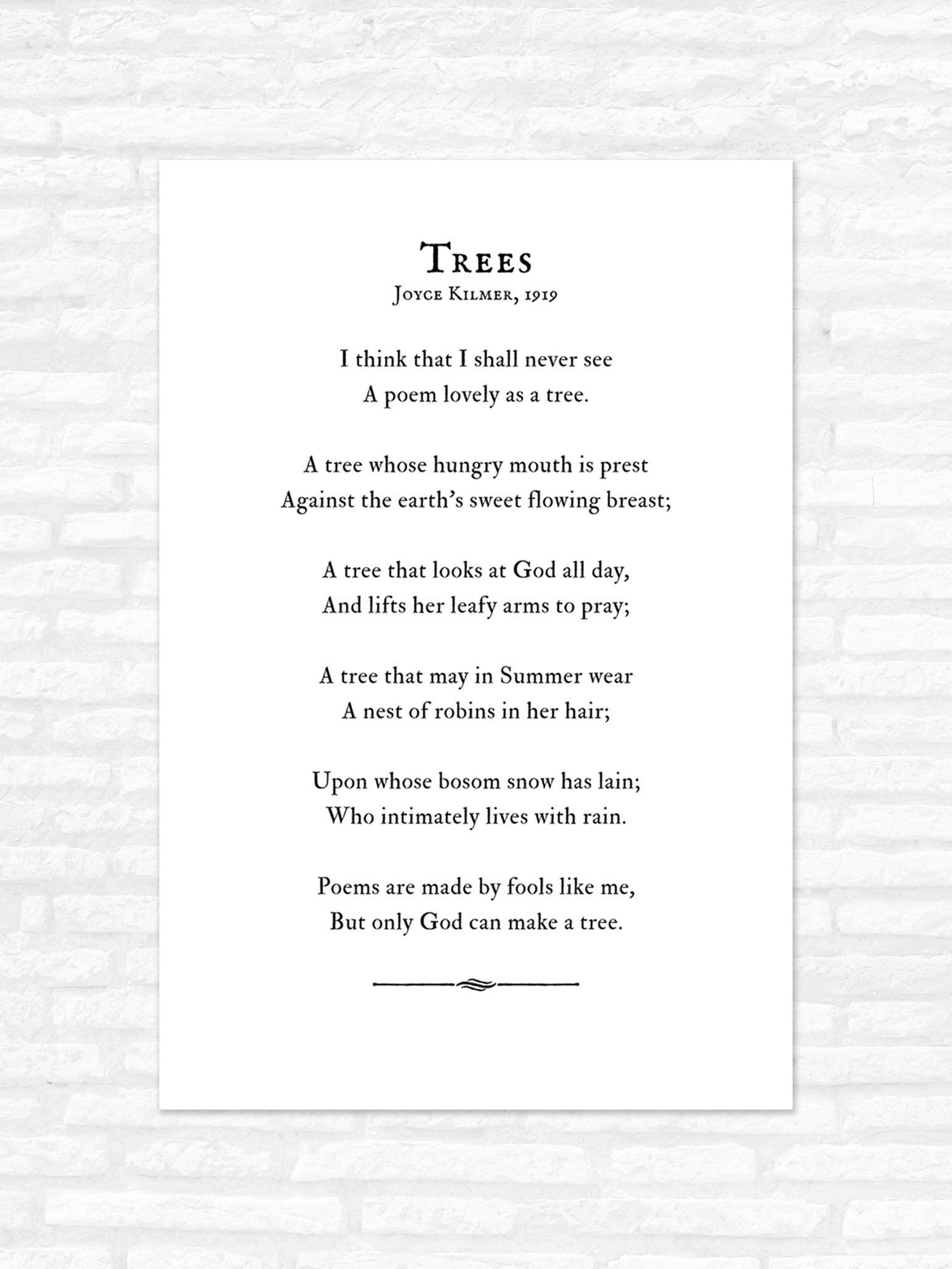 Trees Poem Print Joyce Kilmer I think that I shall never see Etsy