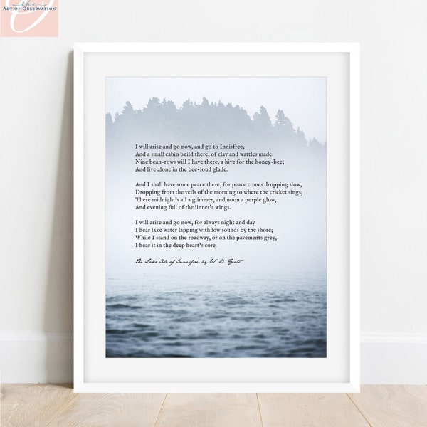Lake Isle of Innisfree Framed Print WB Yeats poem wall art William Butler Yeats poetry print I will arise and go now and go to Innisfree