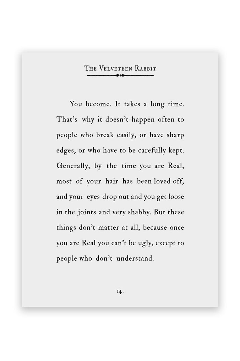 Velveteen Rabbit Quote Print Book Page Wall Art, You Become, Literary Gift Cinzento