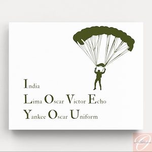 Paratrooper I Love You wall art canvas print in army green, Phonetic alphabet wall decor, military nursery decor I love you canvas