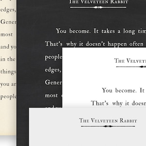Pode incluir: Um close-up de uma p&aacute;gina de livro com o texto "You become. It takes a long time. That's why it doesn't happen often to people who break easily, or have". O texto &eacute; repetido v&aacute;rias vezes na p&aacute;gina, com o t&iacute;tulo "The Velveteen Rabbit" aparecendo no topo da p&aacute;gina.