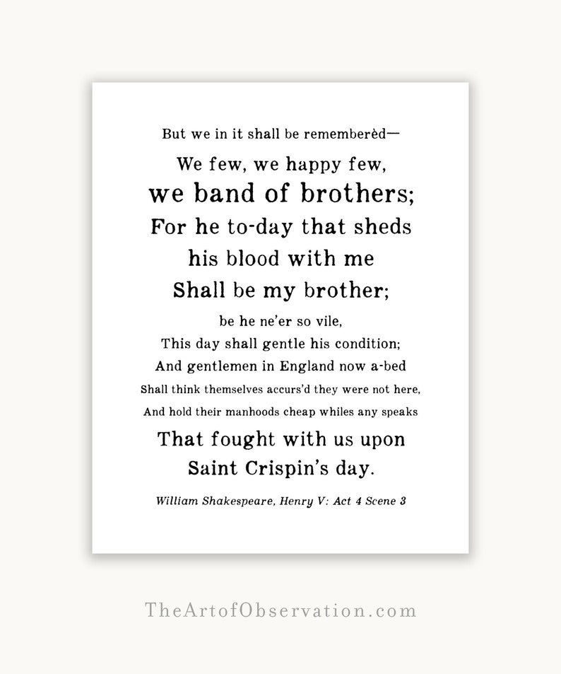 Shakespeare Quote Print We band of brothers Henry V Etsy