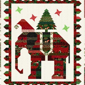 May include: A red and green patchwork elephant with a Santa hat and a Christmas tree on its back. The elephant is surrounded by a red and green border with a white background.