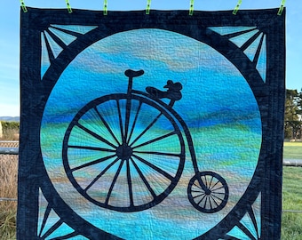 On Your Bike! - a delightful quilt pattern, great wall hanging, featuring a silhouette of a penny farthing style bike - digital download
