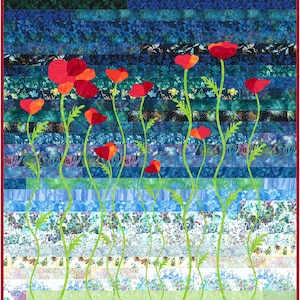 May include: A quilt with a blue and green background featuring red poppy flowers with green stems. The flowers are arranged in a vertical line across the quilt.