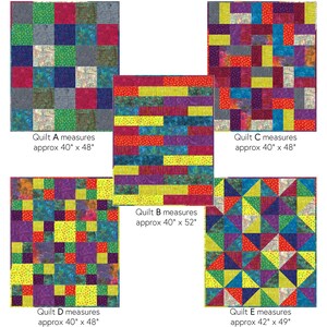 以下が含まれることがあります： ファットクォーターを使った5つのキルトのデザイン。それぞれ異なるパターンとカラーの組み合わせです。キルトのサイズは約40インチ×48インチですが、最後のキルトは42インチ×49インチです。画像の上部には「5 Easy Fat Quarter Quilts」というテキストがあり、その下には「using delicious fabrics by Hollman」というテキストがあります。画像の下部には「Gourmet Quilter...because quilting is delicious!」というテキストがあります。