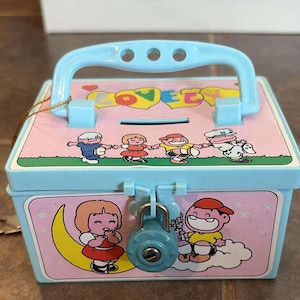 Vintage Lovely Blue Plastic Coin Box Bank 4 Inch Long W/Lock & Key Blue lock