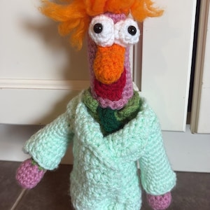 May include: A crocheted doll featuring bright orange hair, large white eyes with black pupils, and an orange beak. The figure wears a light green coat over a dark green shirt, with pink hands and light pink feet with brown horizontal stripes.