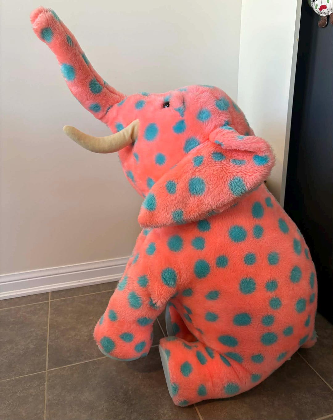Vintage Polka Dot Elephant Plush Toy Huge Pink With Blue Spots