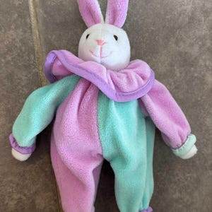 Vintage Russ Berrie Bunny Rabbit Color block Green Purple Plush Toy Terrycloth 7”