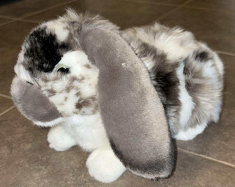 Living Nature Dutch Lop Eared Bunny Rabbit grey White Black Plush Realistic 12&quot;