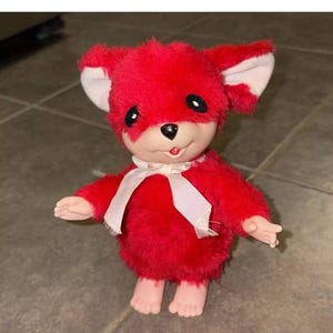 Vintage 1960&#39;s Red and White Rubber Face Mouse Plush Doll 6&quot; READ