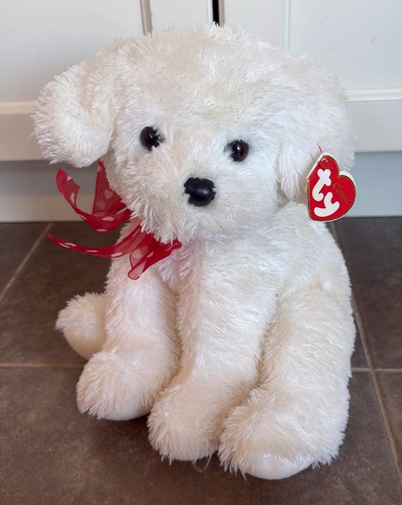 TY Classic Beanie Buddy Sweet Pea Plush White Dog Red Heart Ribbon
