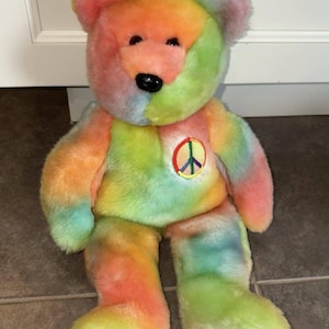 1999 Vintage TY Beanie Buddy Peace Bear 14” Tie Dye Plush Toy