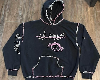 Felpa con cappuccio Lil Peep personalizzata, pezzo unico, cucita a mano, rosa e bianca, taglia S