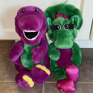 Vintage 1992 Barney The Dinosaur and Baby Bop Plush Toy Set 14 inch Korea